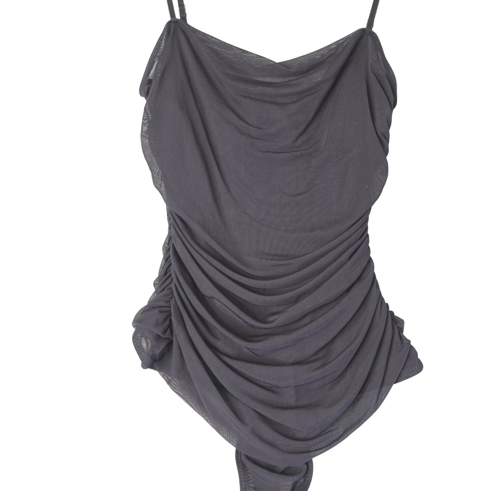 Vintage Y2K Guess Bodysuit Womens XS Black Ruched Cowl Neck Mesh Goth Grunge Top